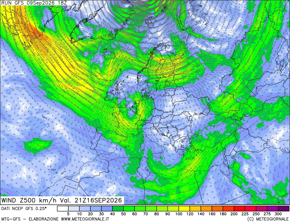 mappa 500 hPa Vento forza e direzione