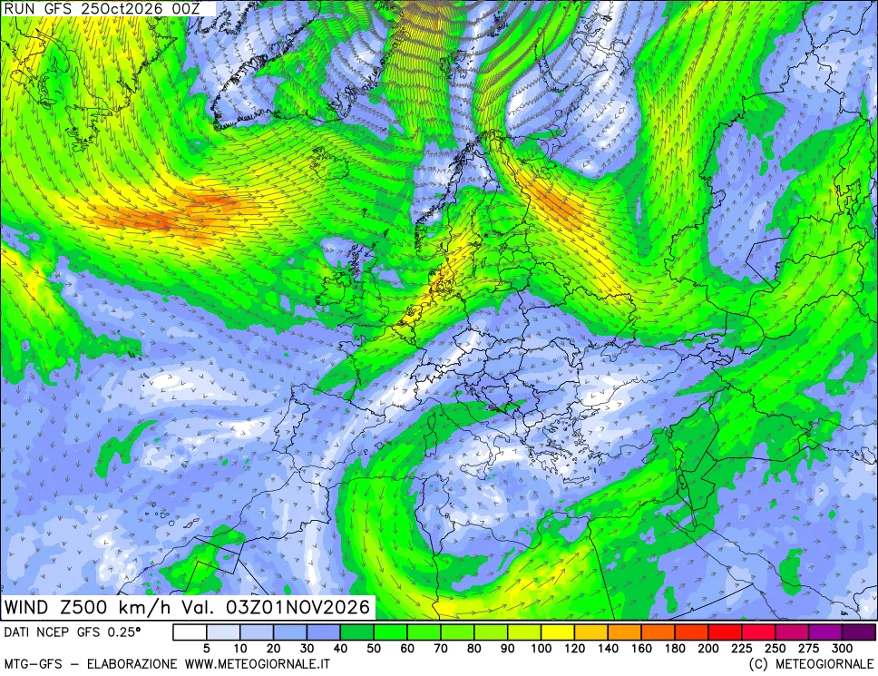 mappa 500 hPa Vento forza e direzione