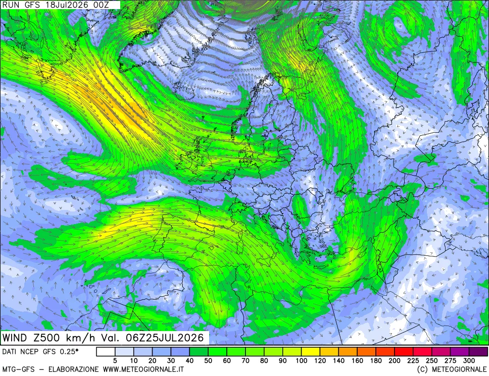 mappa 500 hPa Vento forza e direzione