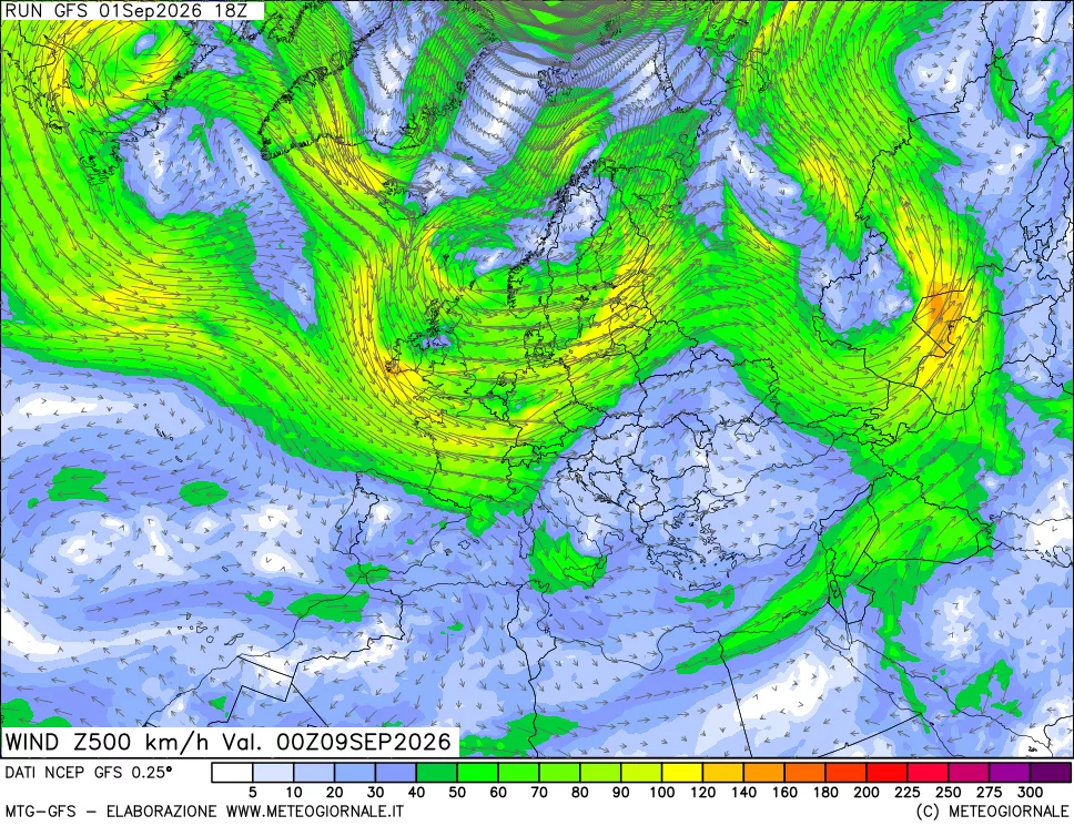 mappa 500 hPa Vento forza e direzione