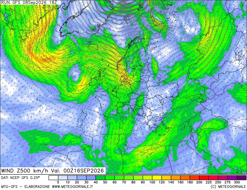 mappa 500 hPa Vento forza e direzione