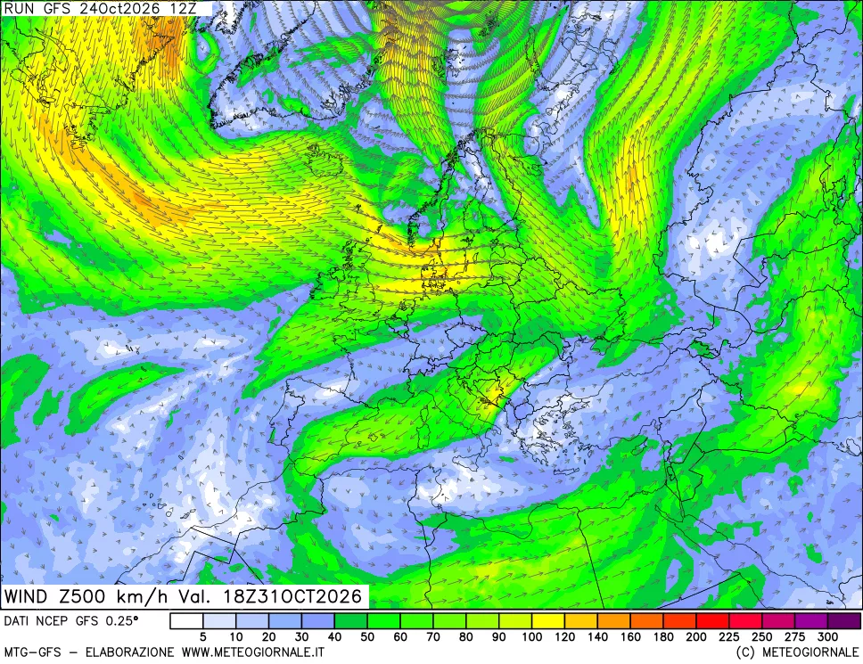 mappa 500 hPa Vento forza e direzione