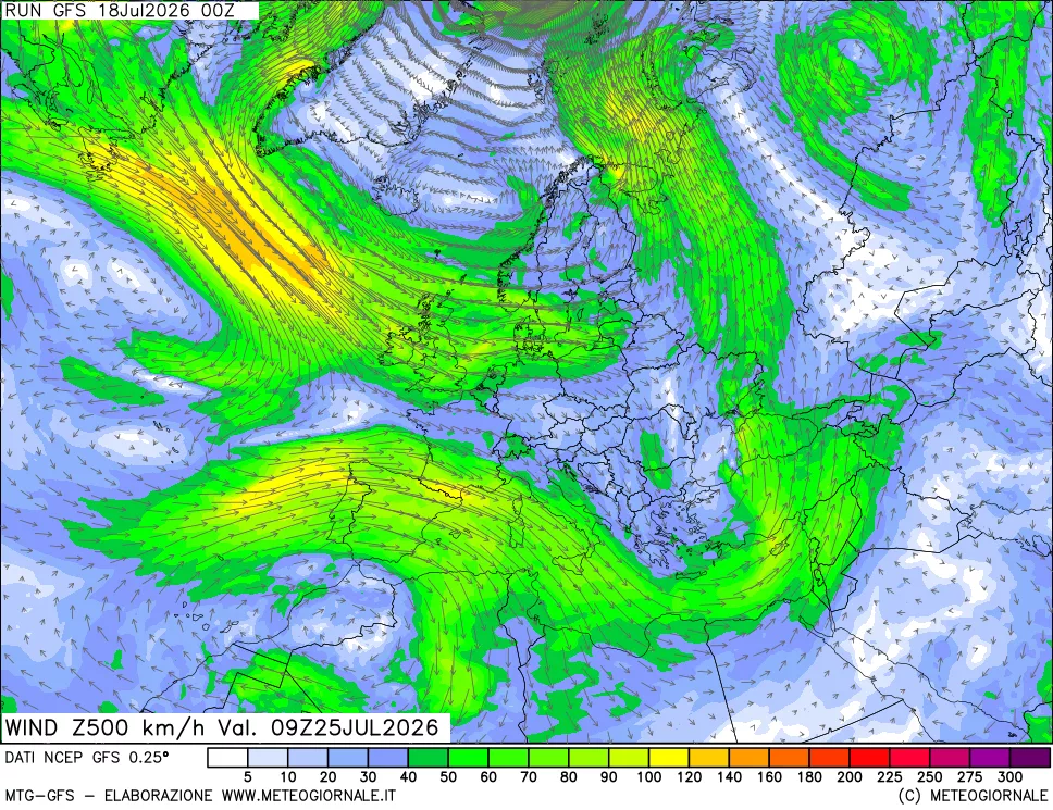 mappa 500 hPa Vento forza e direzione