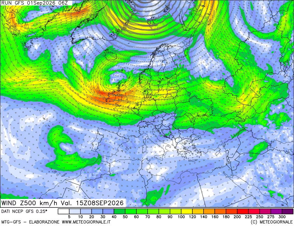 mappa 500 hPa Vento forza e direzione