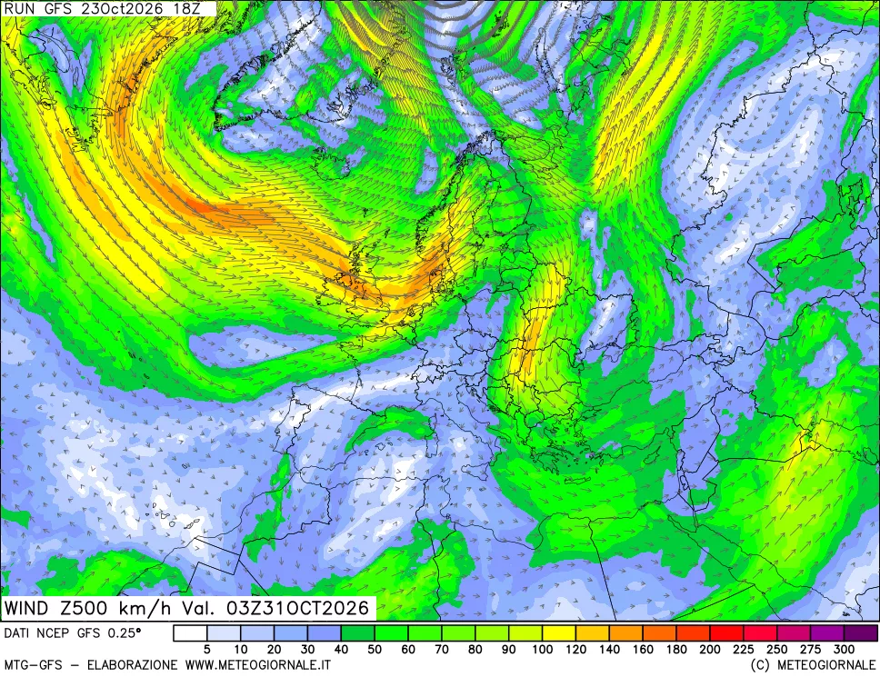 mappa 500 hPa Vento forza e direzione