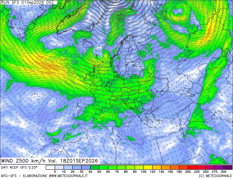 mappa 500 hPa Vento forza e direzione