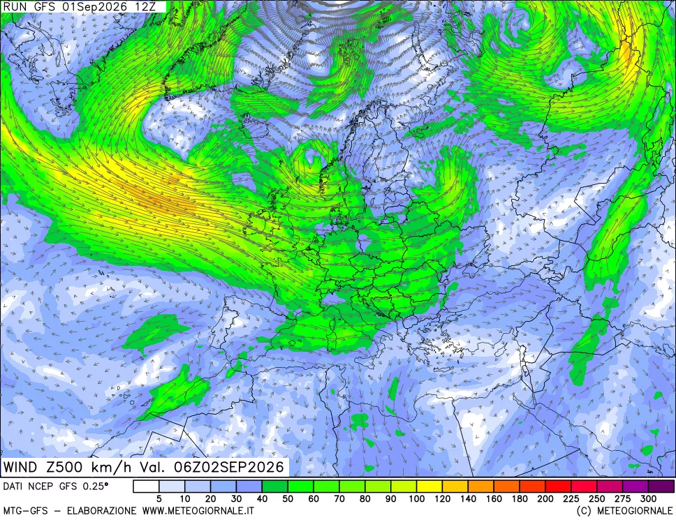 mappa 500 hPa Vento forza e direzione