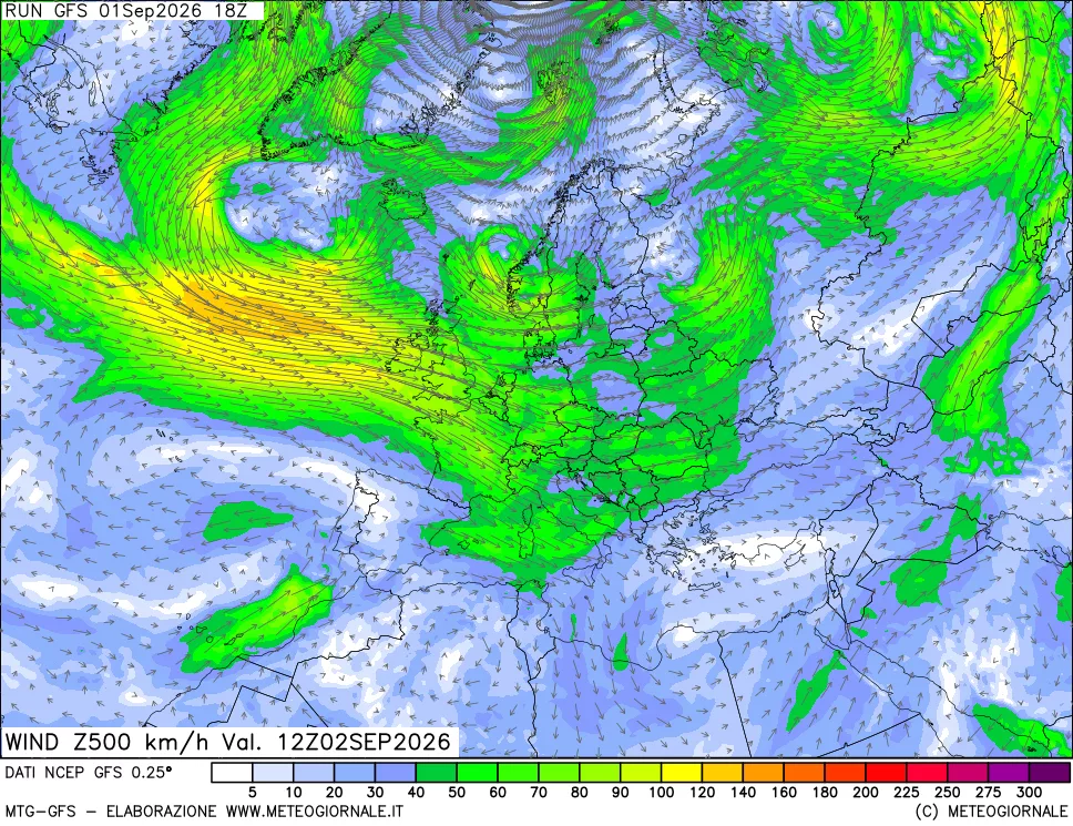 mappa 500 hPa Vento forza e direzione