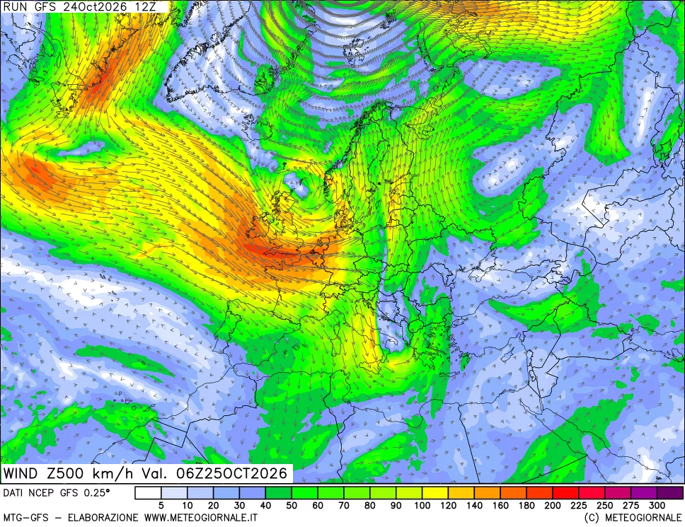 mappa 500 hPa Vento forza e direzione