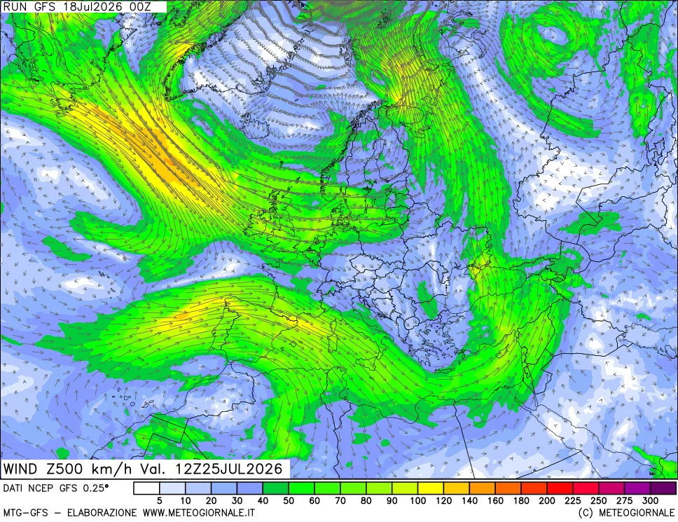 mappa 500 hPa Vento forza e direzione