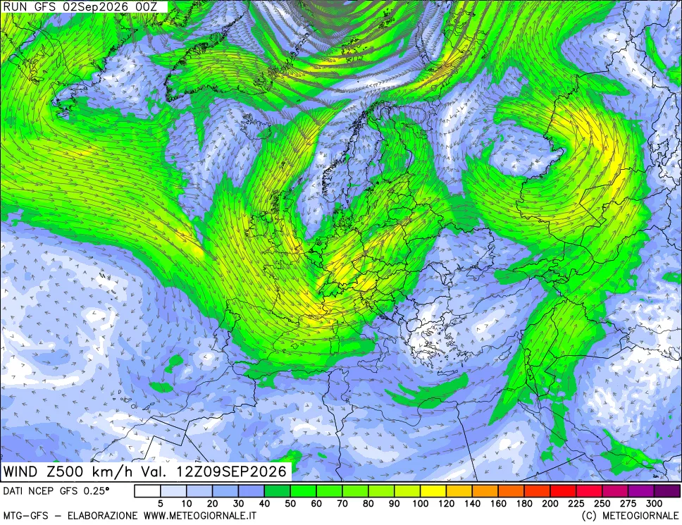 mappa 500 hPa Vento forza e direzione