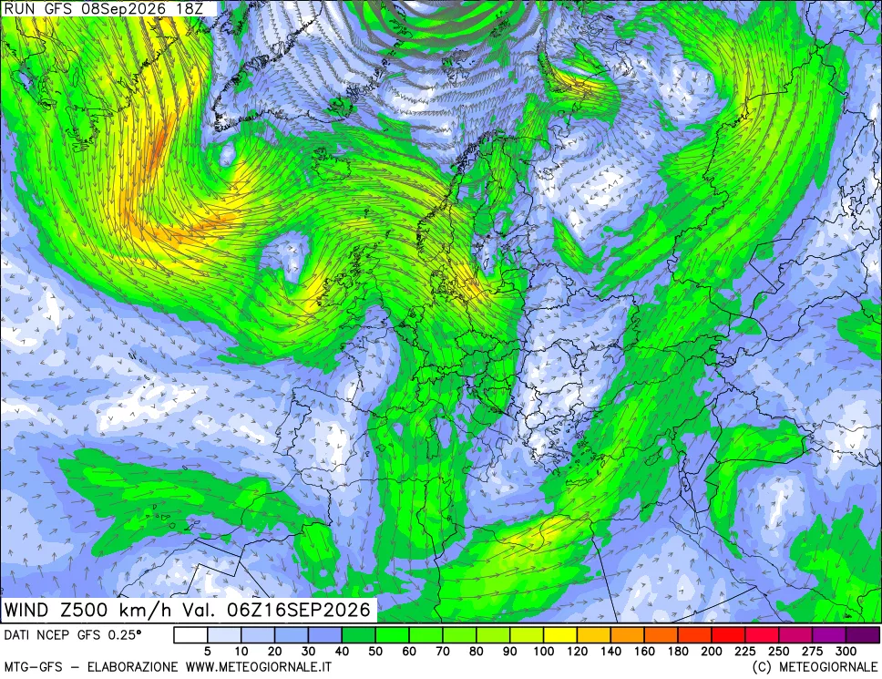 mappa 500 hPa Vento forza e direzione
