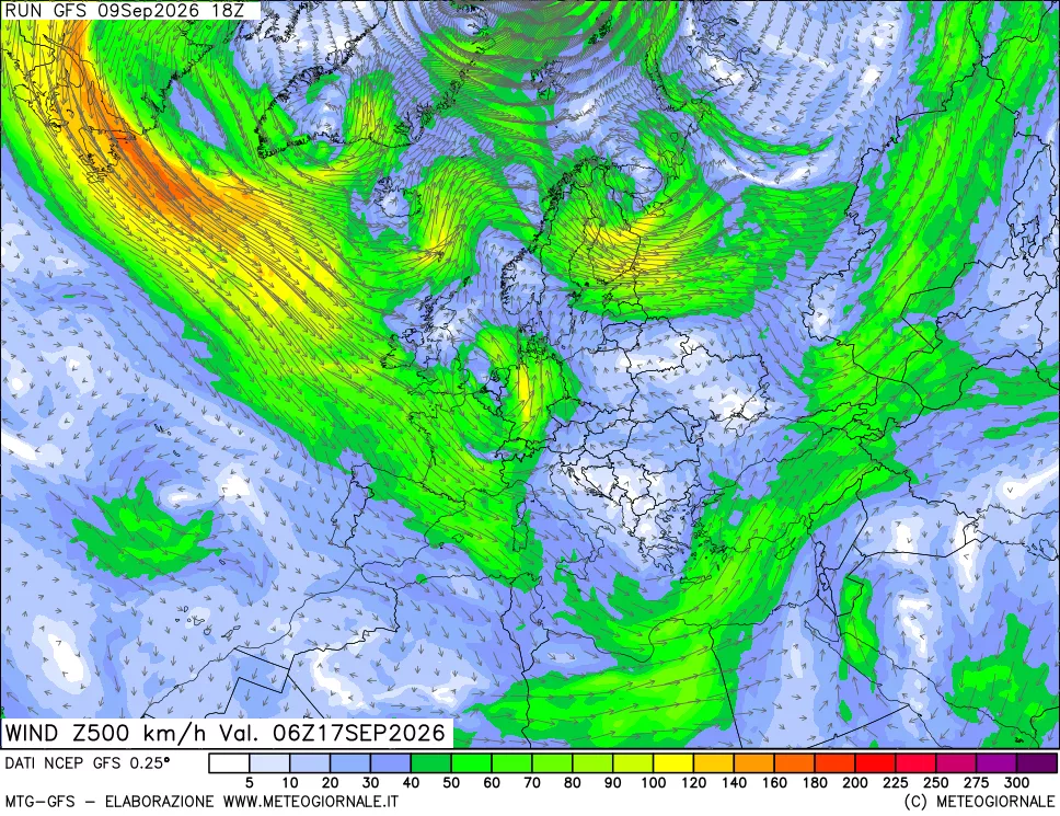 mappa 500 hPa Vento forza e direzione