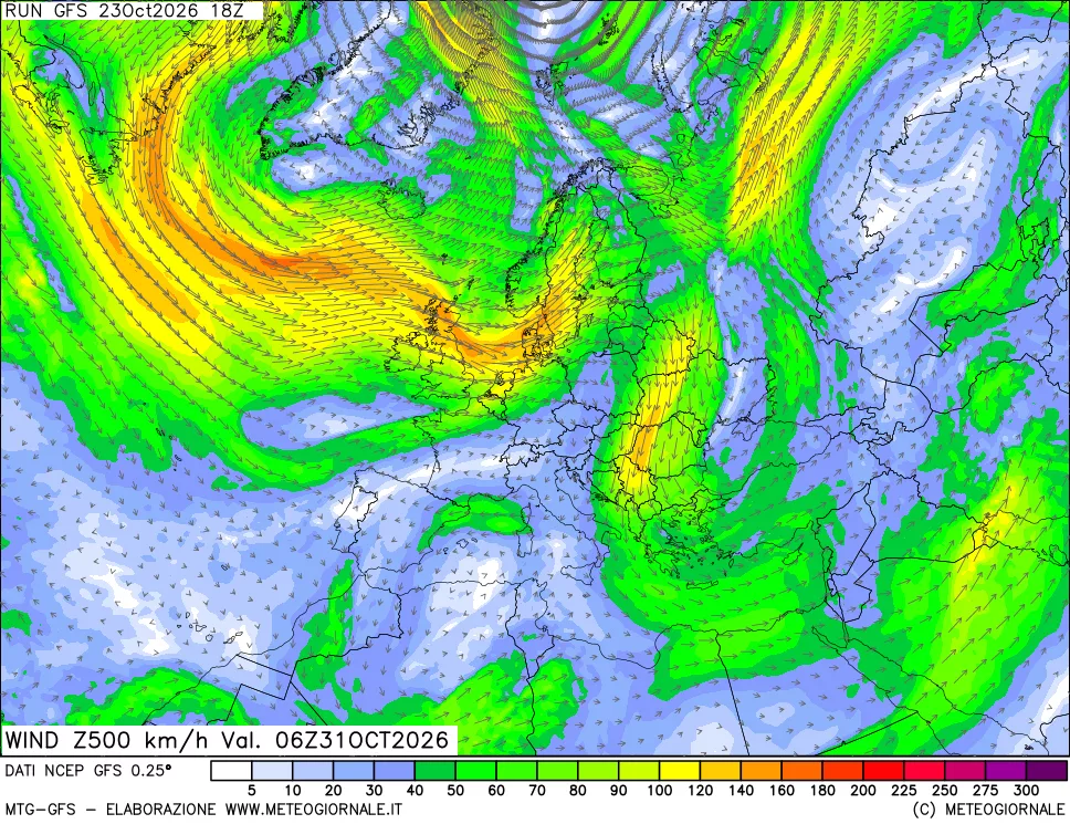 mappa 500 hPa Vento forza e direzione
