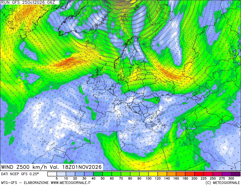 mappa 500 hPa Vento forza e direzione