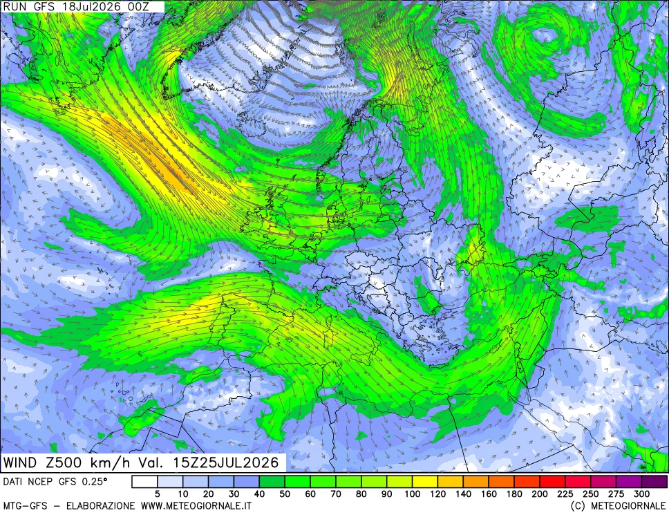 mappa 500 hPa Vento forza e direzione
