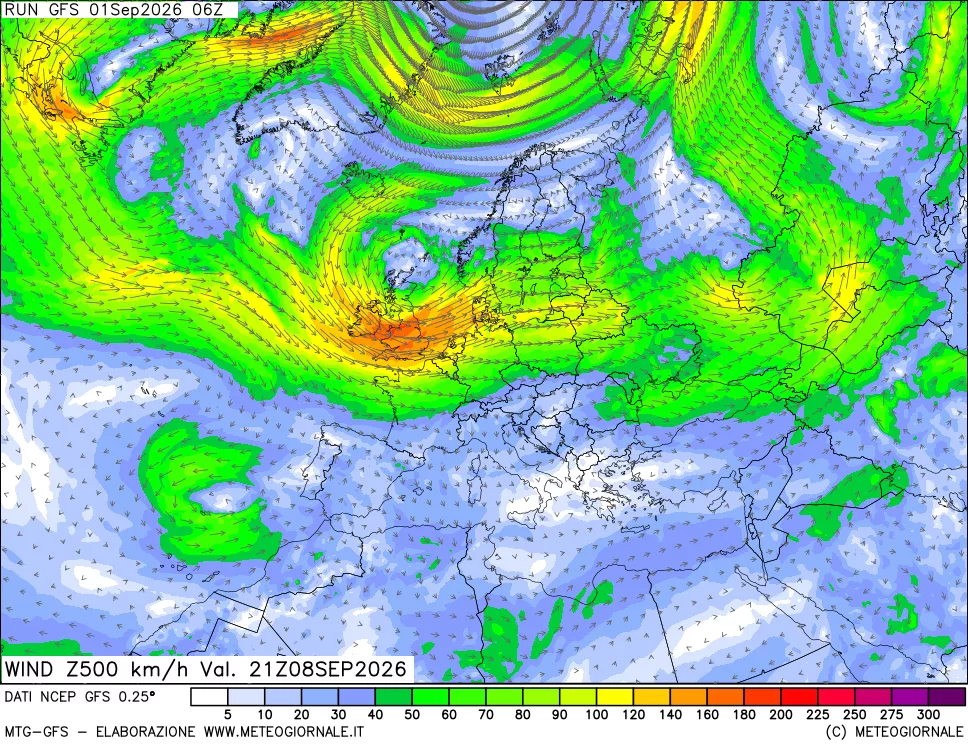 mappa 500 hPa Vento forza e direzione