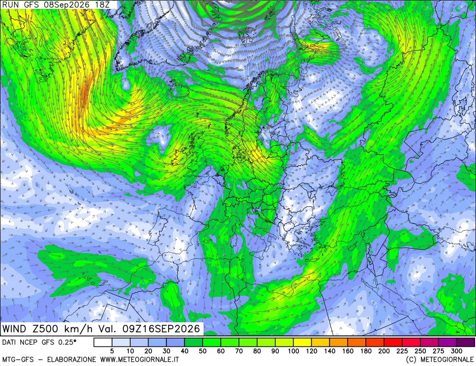 mappa 500 hPa Vento forza e direzione