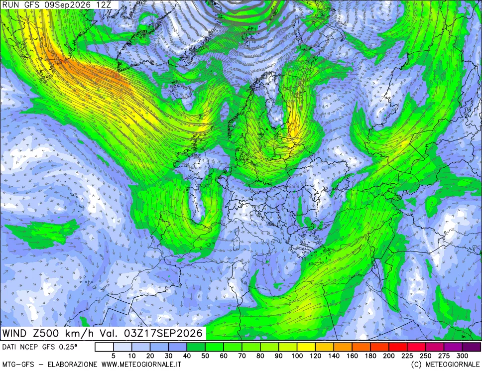 mappa 500 hPa Vento forza e direzione