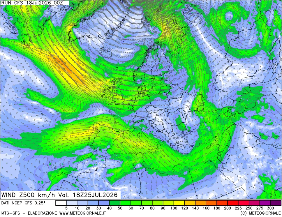 mappa 500 hPa Vento forza e direzione