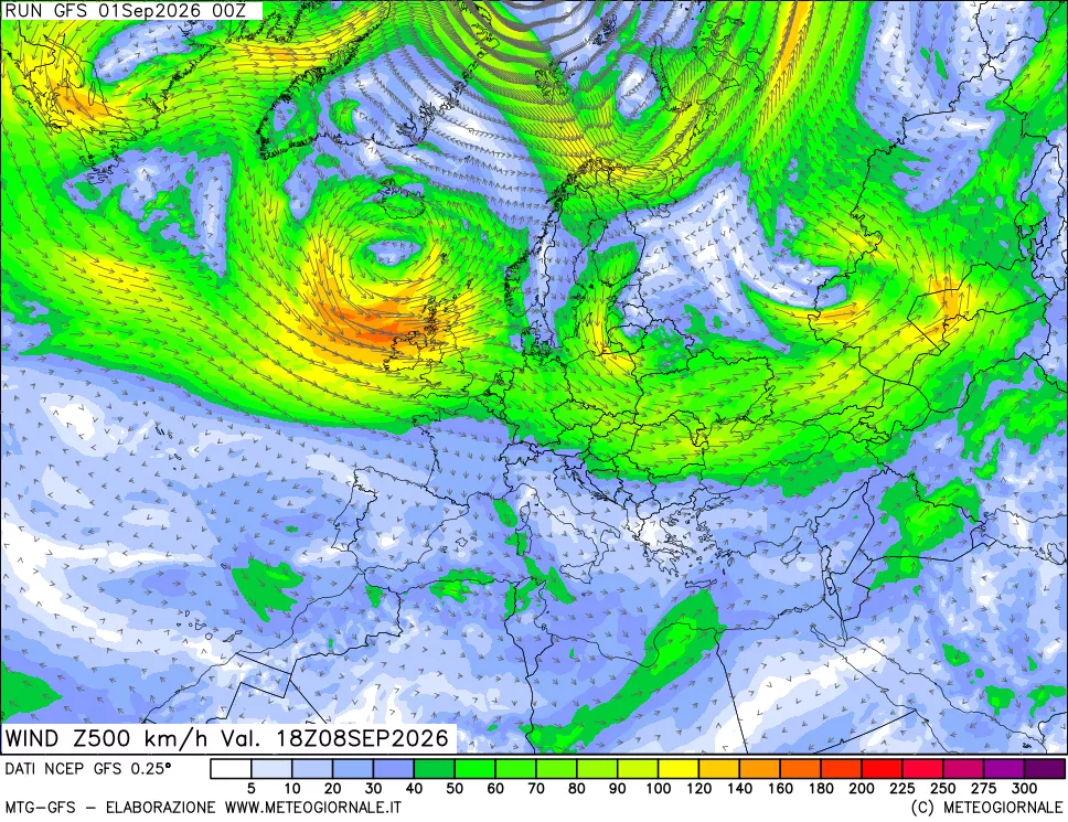 mappa 500 hPa Vento forza e direzione