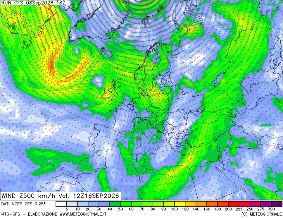 mappa 500 hPa Vento forza e direzione