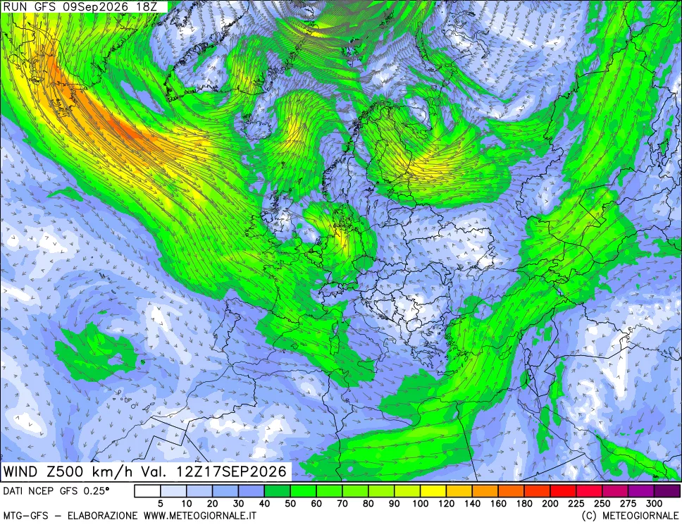mappa 500 hPa Vento forza e direzione