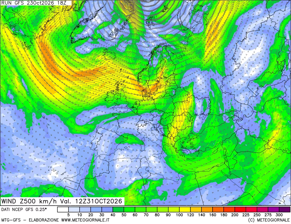 mappa 500 hPa Vento forza e direzione