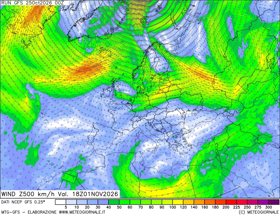 mappa 500 hPa Vento forza e direzione