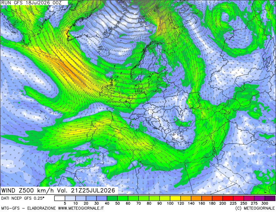 mappa 500 hPa Vento forza e direzione