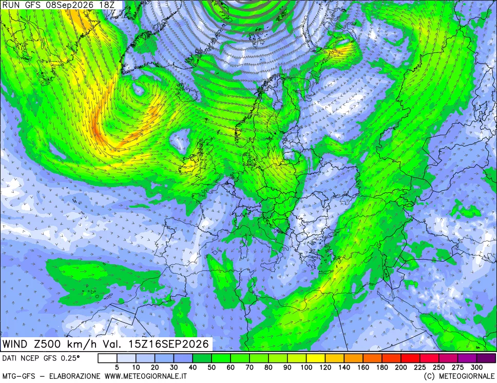 mappa 500 hPa Vento forza e direzione