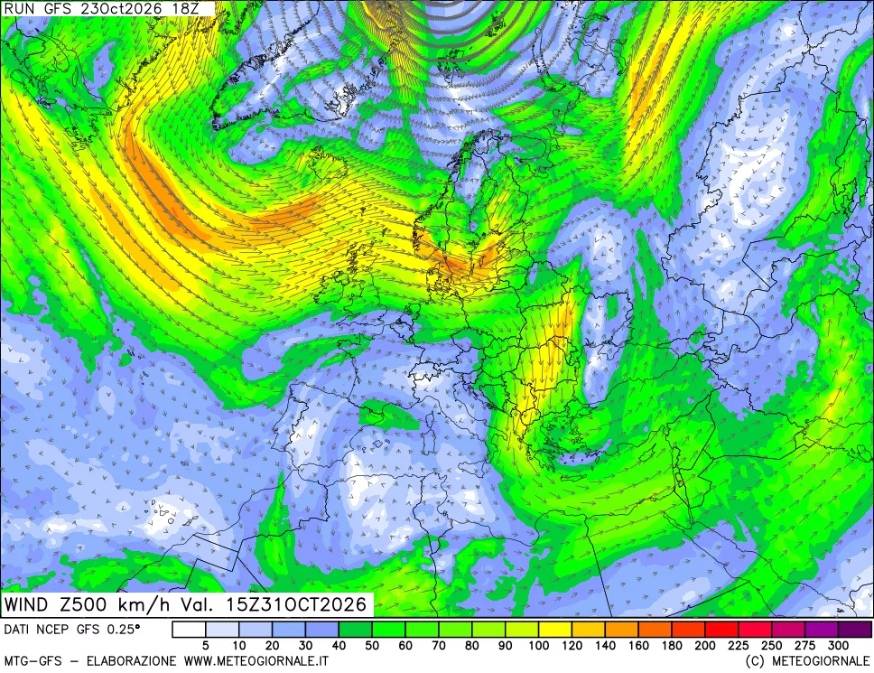 mappa 500 hPa Vento forza e direzione