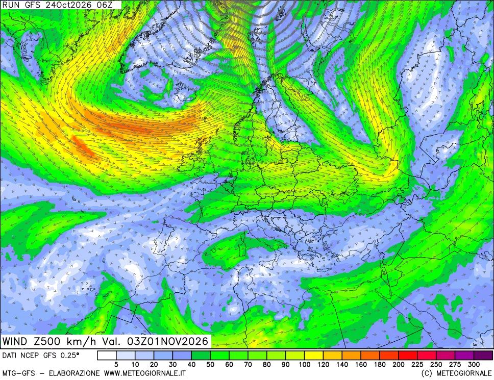 mappa 500 hPa Vento forza e direzione