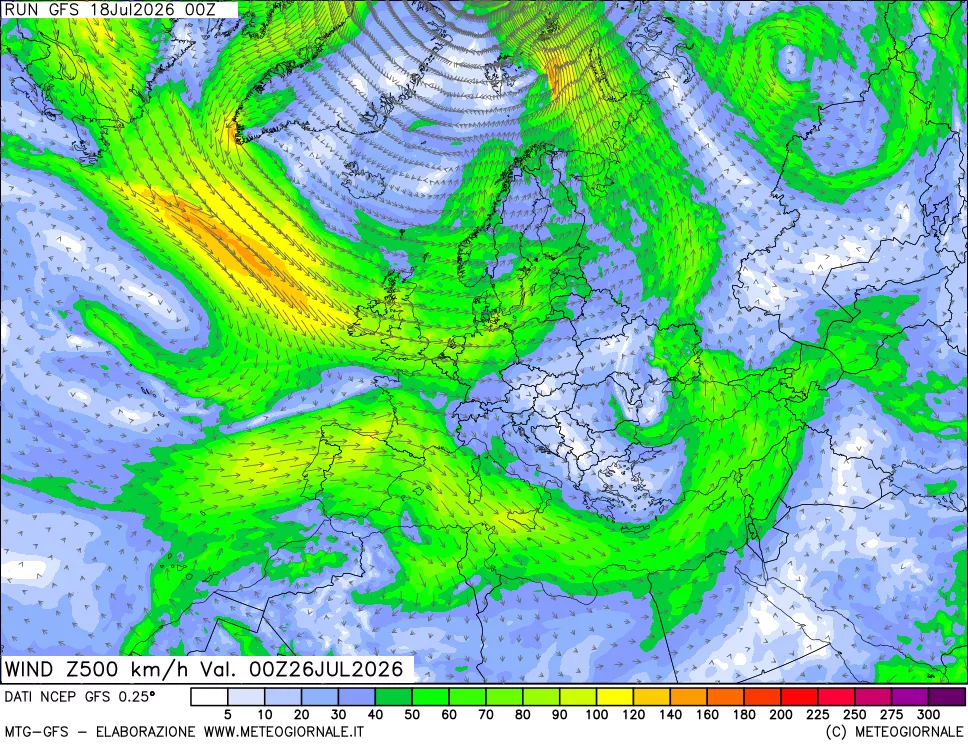 mappa 500 hPa Vento forza e direzione