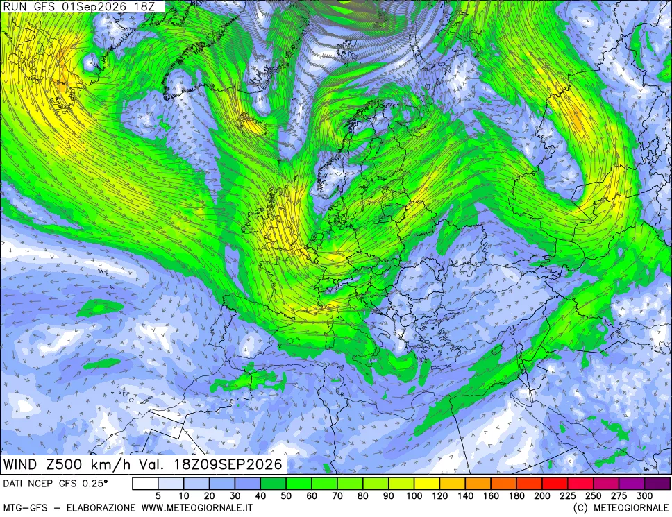 mappa 500 hPa Vento forza e direzione