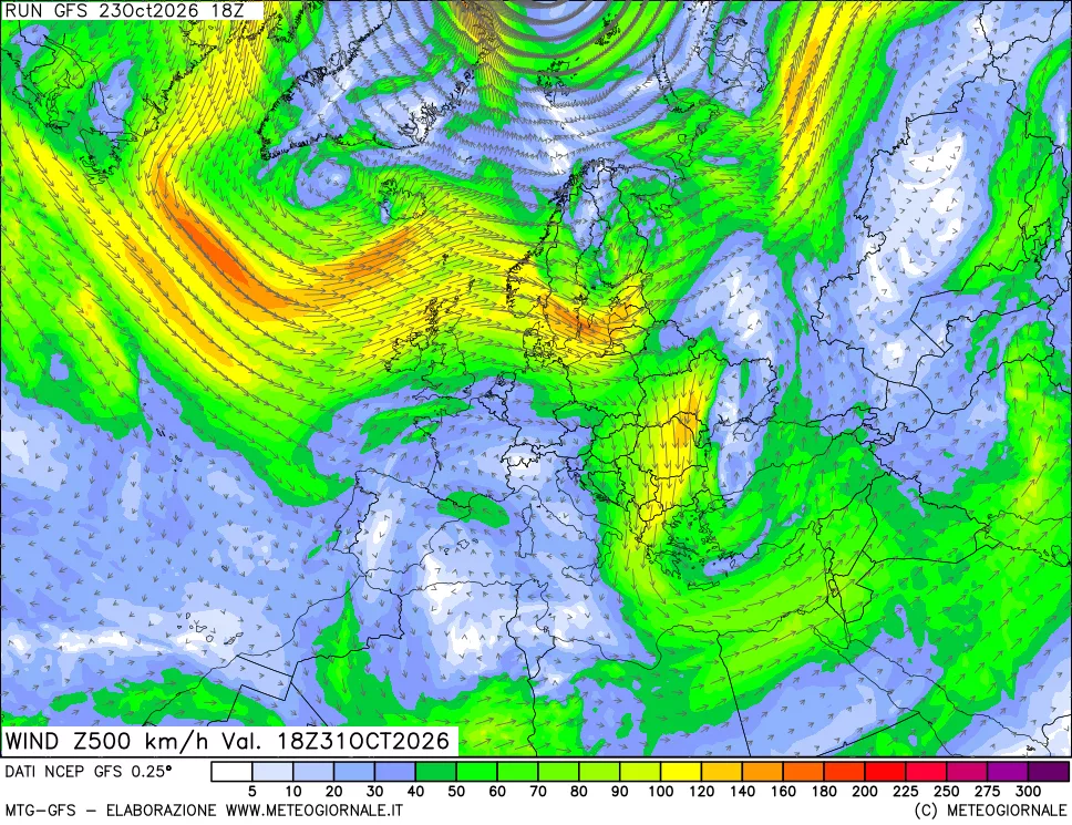 mappa 500 hPa Vento forza e direzione