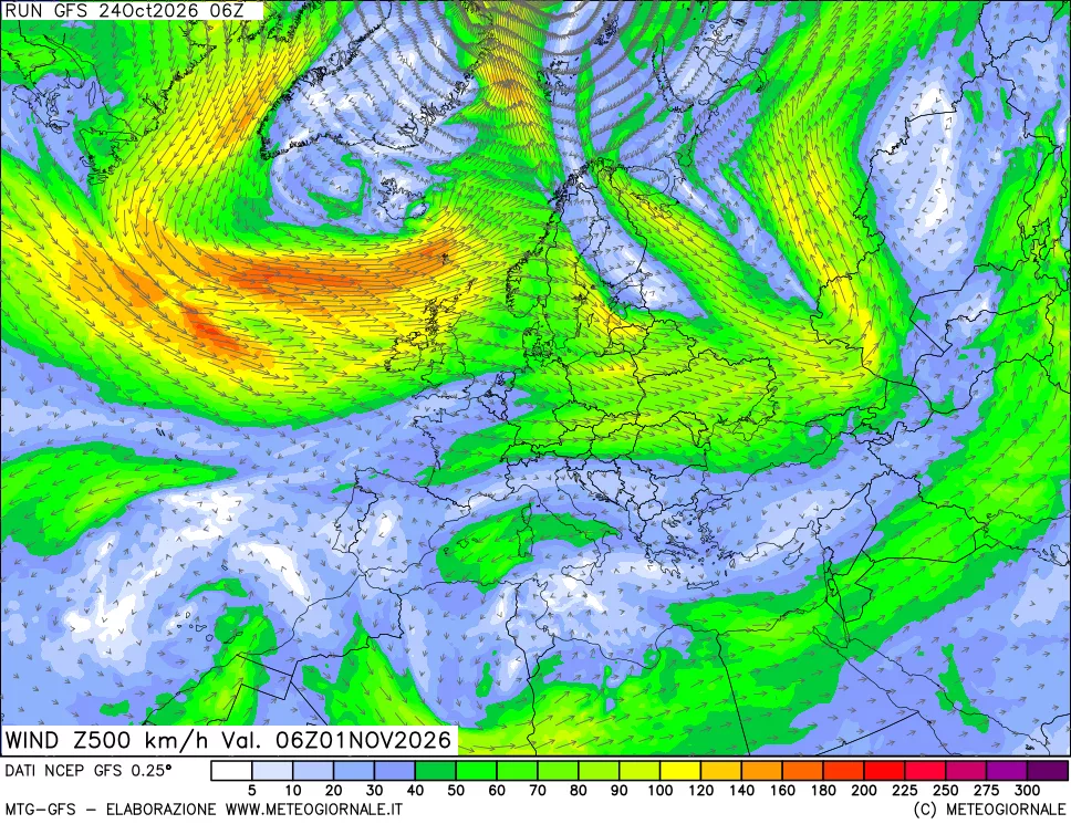 mappa 500 hPa Vento forza e direzione