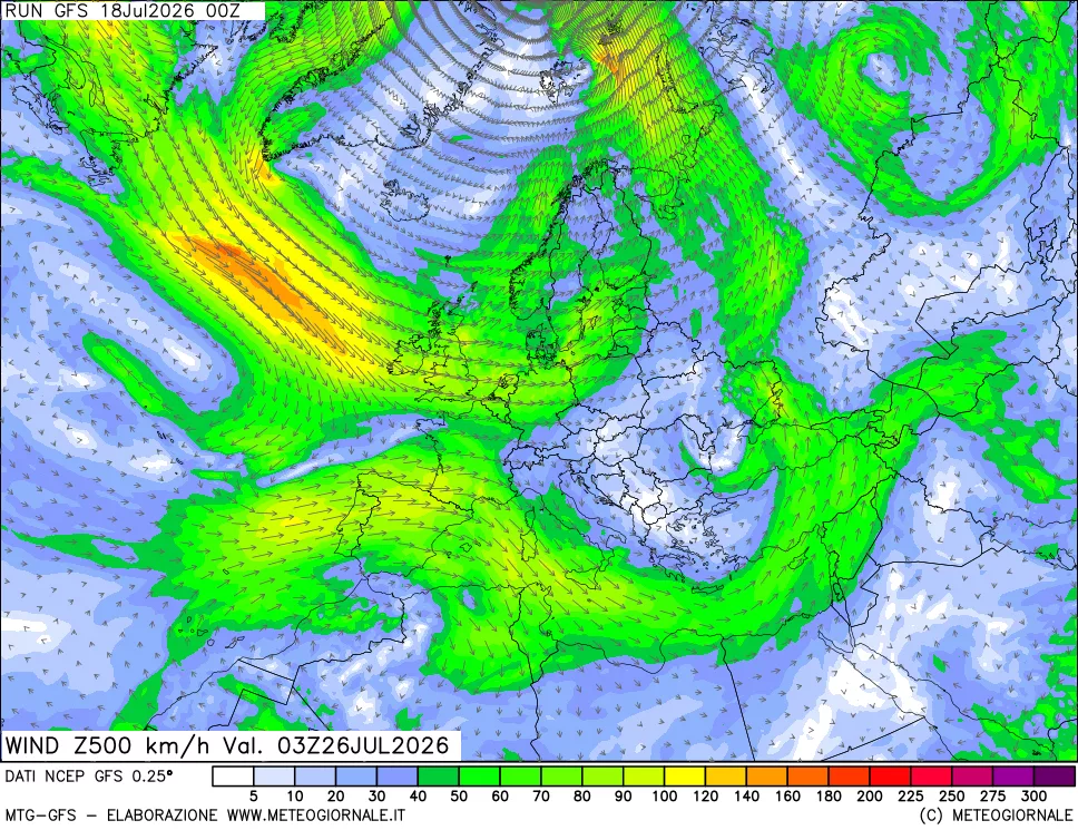 mappa 500 hPa Vento forza e direzione