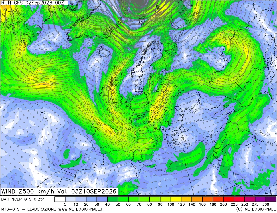 mappa 500 hPa Vento forza e direzione