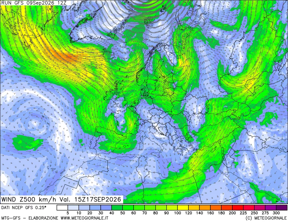 mappa 500 hPa Vento forza e direzione