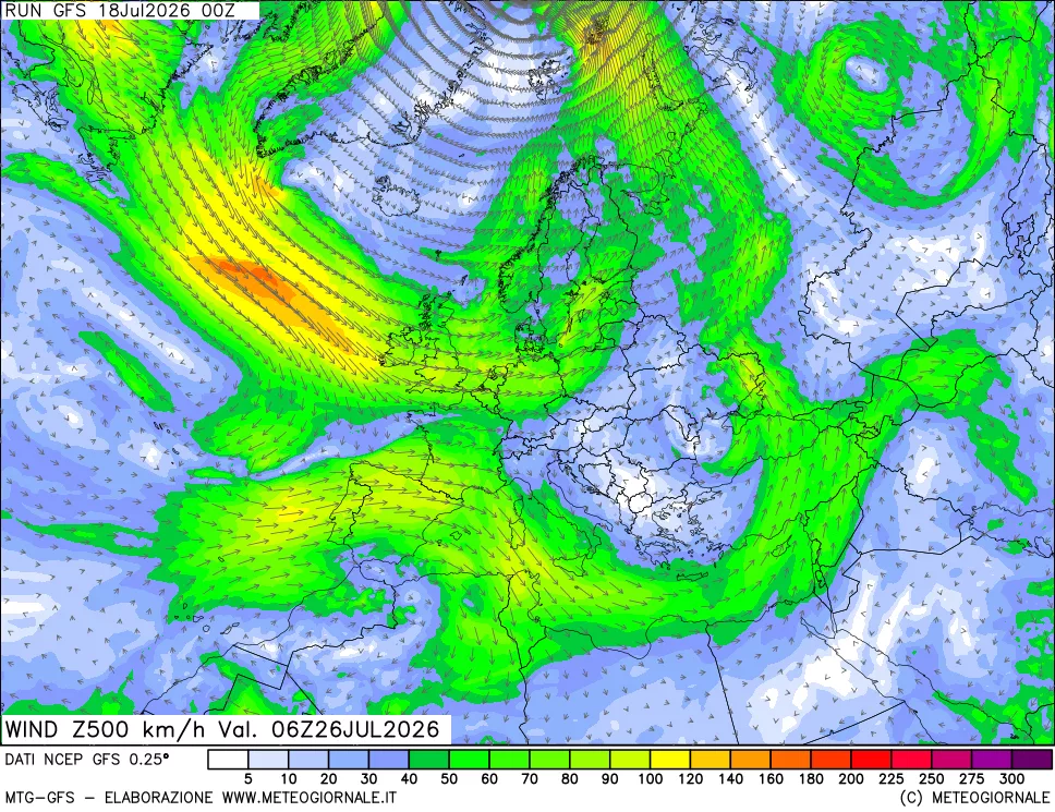 mappa 500 hPa Vento forza e direzione