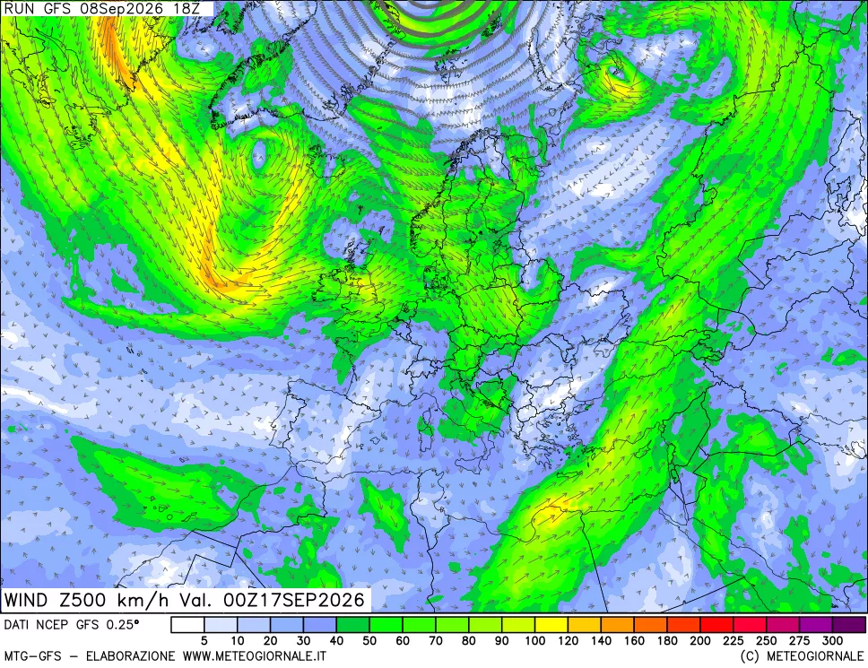 mappa 500 hPa Vento forza e direzione