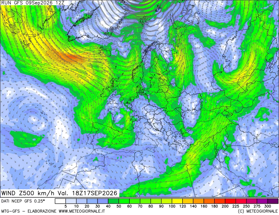 mappa 500 hPa Vento forza e direzione