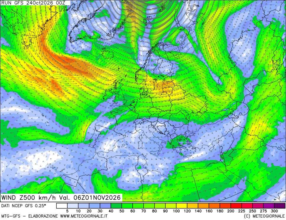 mappa 500 hPa Vento forza e direzione