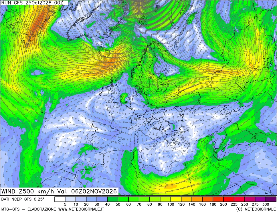 mappa 500 hPa Vento forza e direzione