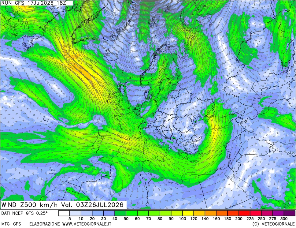 mappa 500 hPa Vento forza e direzione