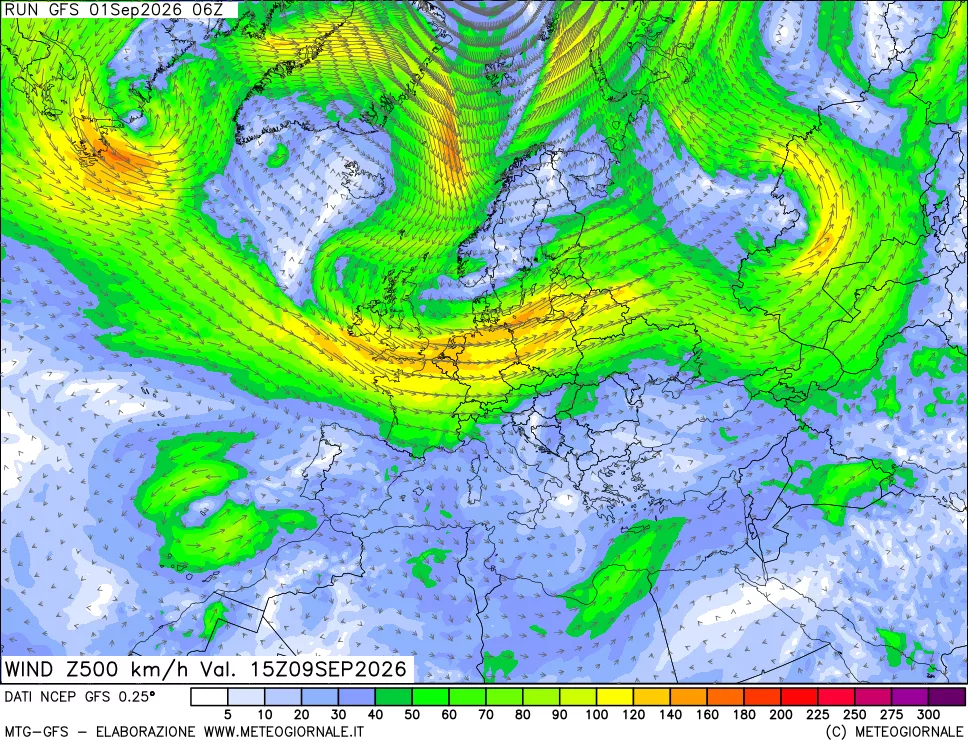mappa 500 hPa Vento forza e direzione