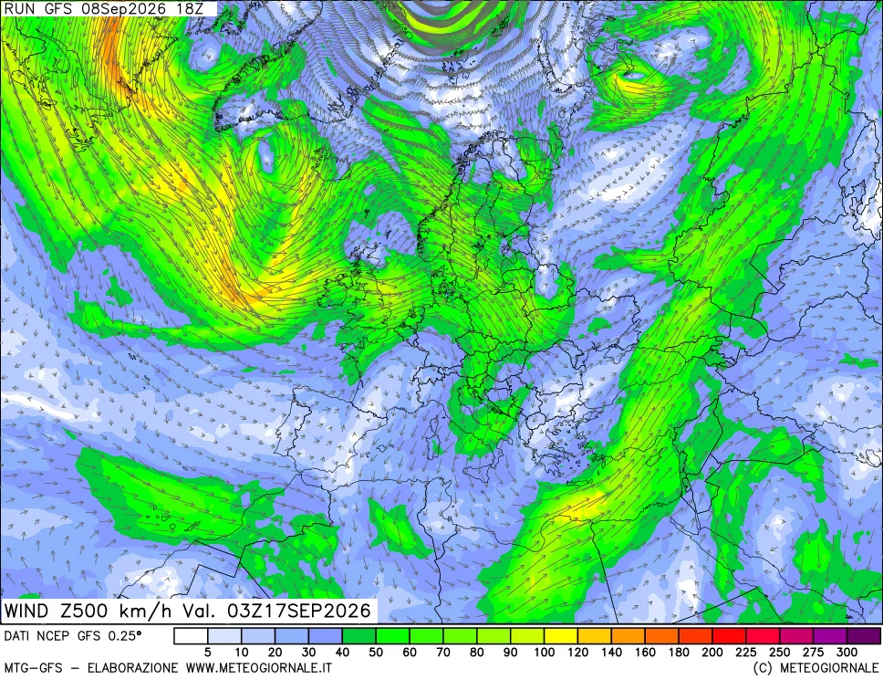 mappa 500 hPa Vento forza e direzione