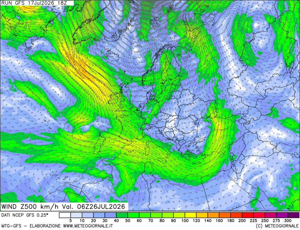mappa 500 hPa Vento forza e direzione