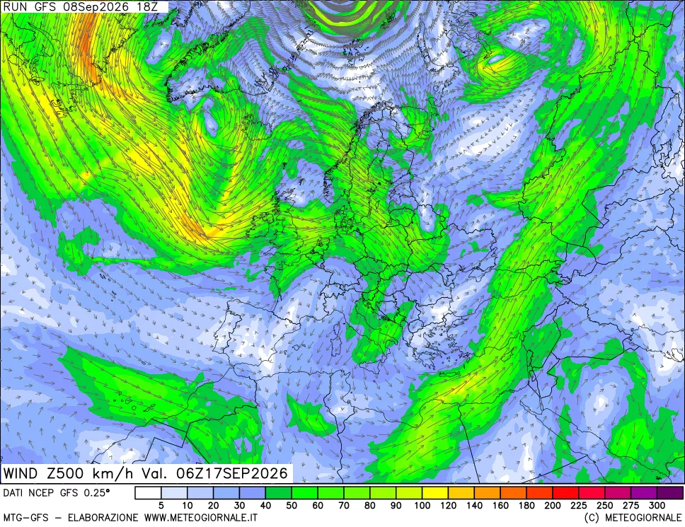 mappa 500 hPa Vento forza e direzione